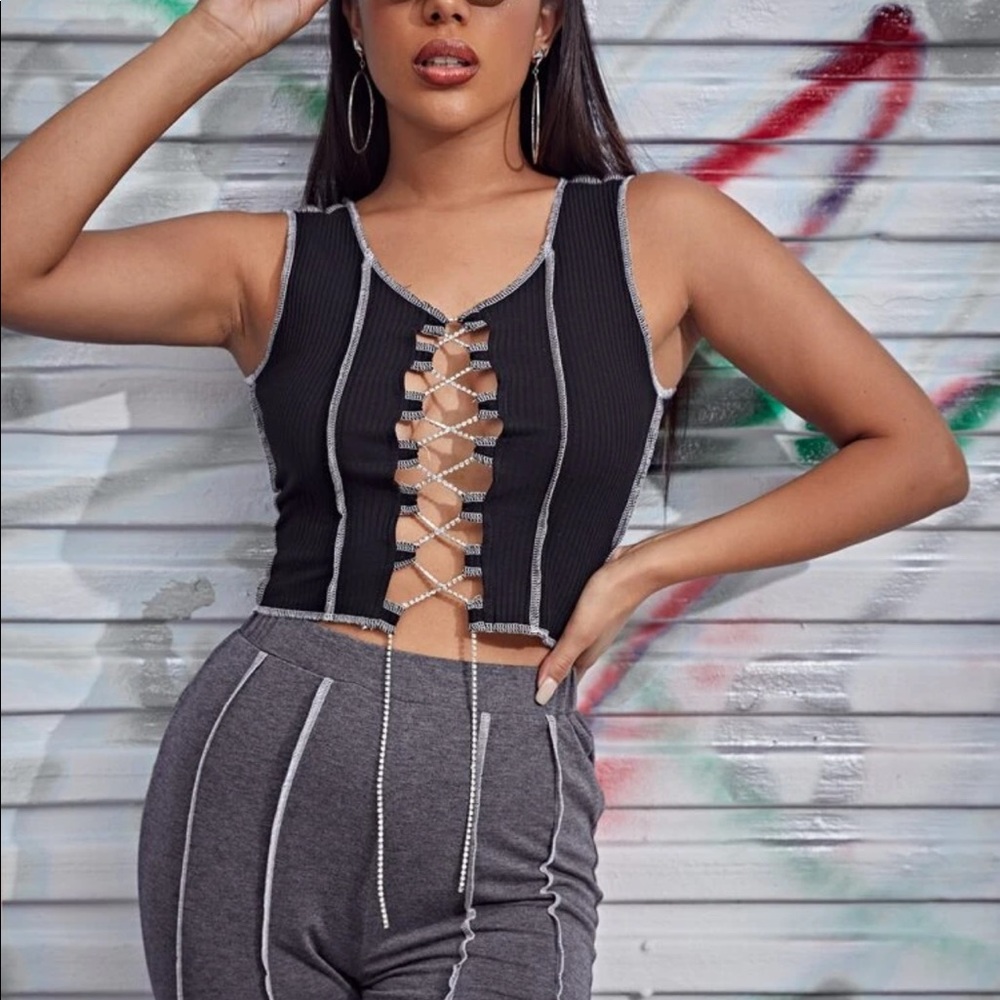 Rhinestone Lace Up Top